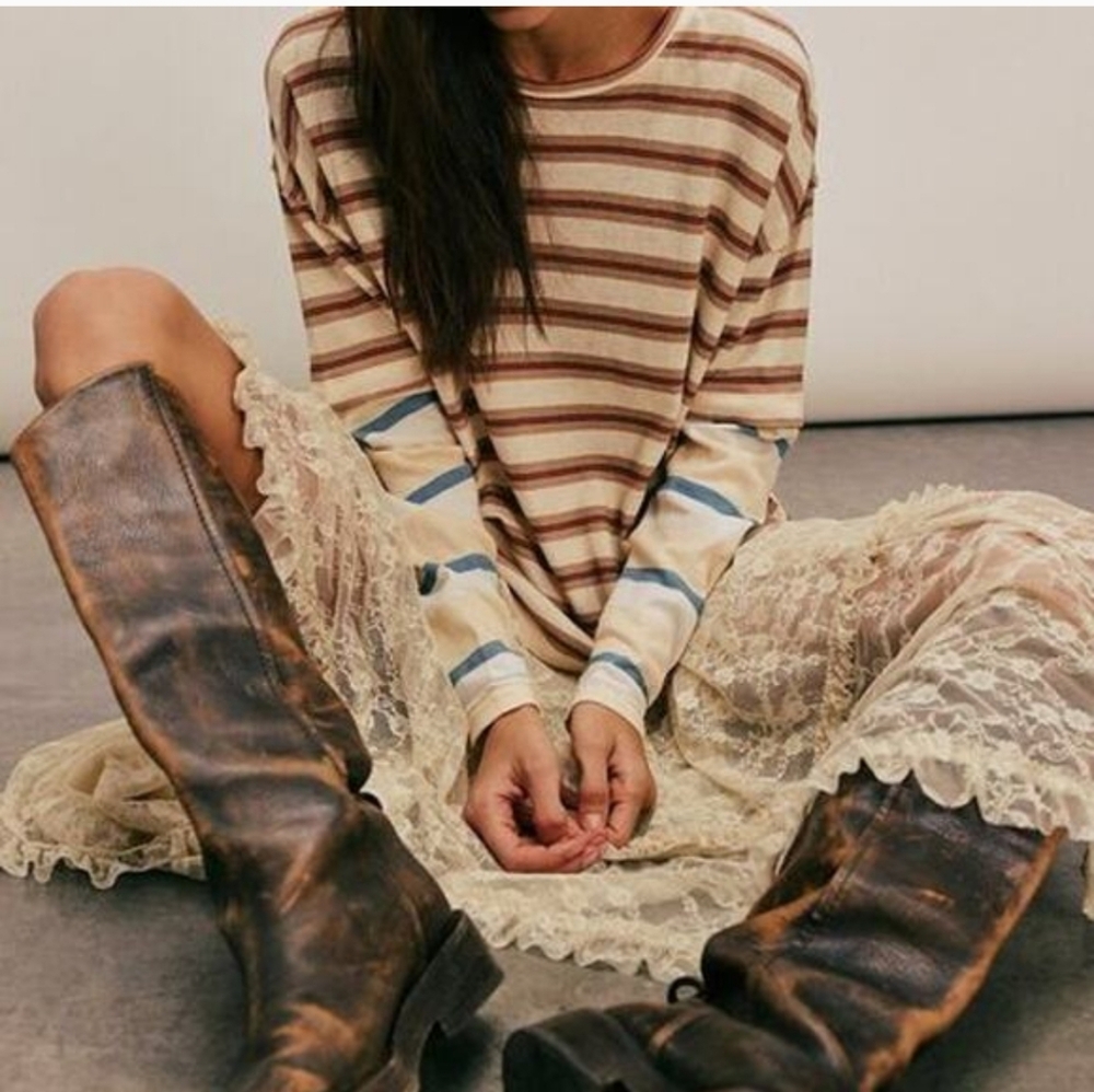 Free People Striped Long Sleeve Tee - Cream, Brown, and Blue